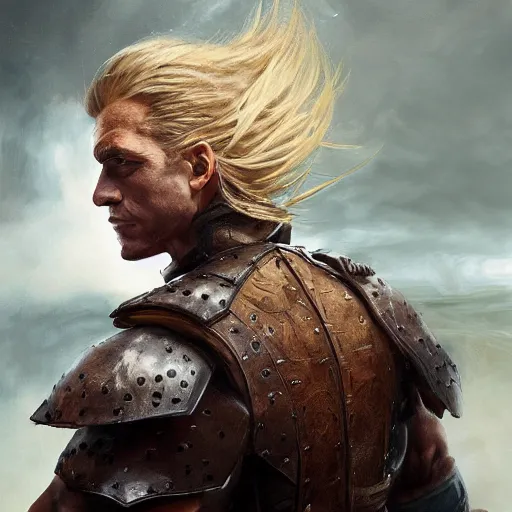 Image similar to rear side portrait of a muscular, ponytail haired blonde man with only left arm armored, wearing a thick brown leather coat, looking to his left, DnD, fantasy, dramatic lighting, digital art by Ruan Jia