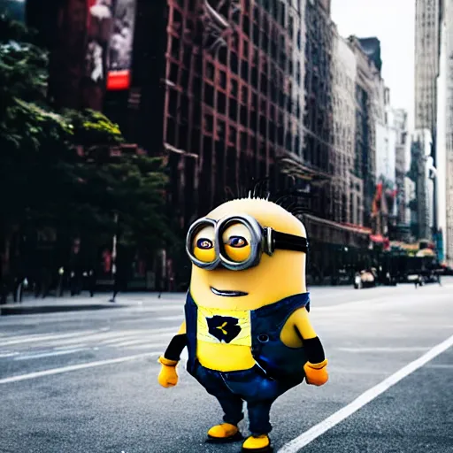 Image similar to 4 k instagram photo of a huge minion walking in new york city