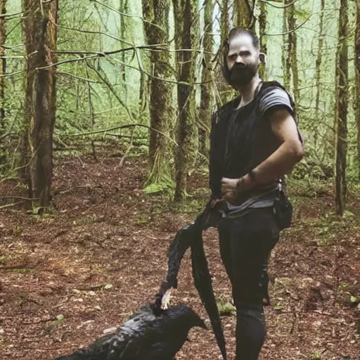 Prompt: !! werecreature consisting of male human and crow, photograph captured in a forest