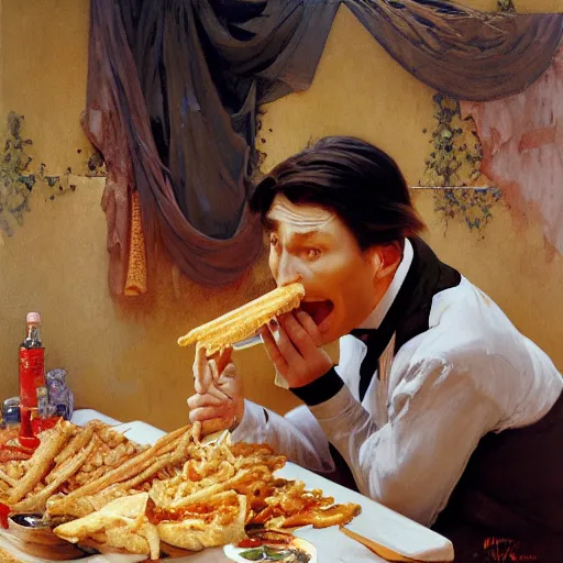 Prompt: kenneth williams eating a kebab, nier autoamata, highly detailed painting by ilya kuvshinov, alphonse mucha, gaston bussiere, craig mullins, j. c. leyendecker