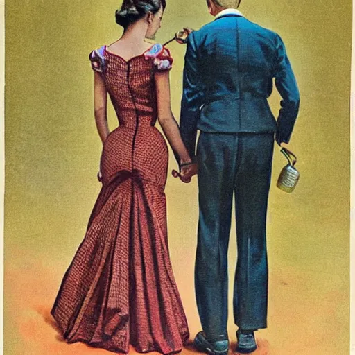 Image similar to “stunning, highly detailed portrait, very detailed, couple, from behind, from side, holding tin can, color vintage magazine illustration 1950”