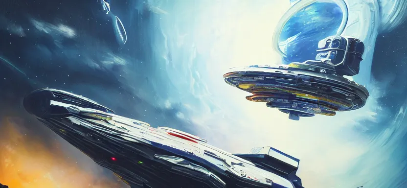 Image similar to beautiful masterpiece painting of spaceship in space, cyberpunk, by juan ortiz 8k