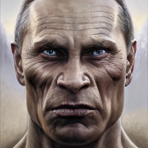 Prompt: vladimir putin, uruk - hai, macabre orc by donato giancola and greg rutkowski and wayne barlow and zdzisław beksinski, realistic face, digital art