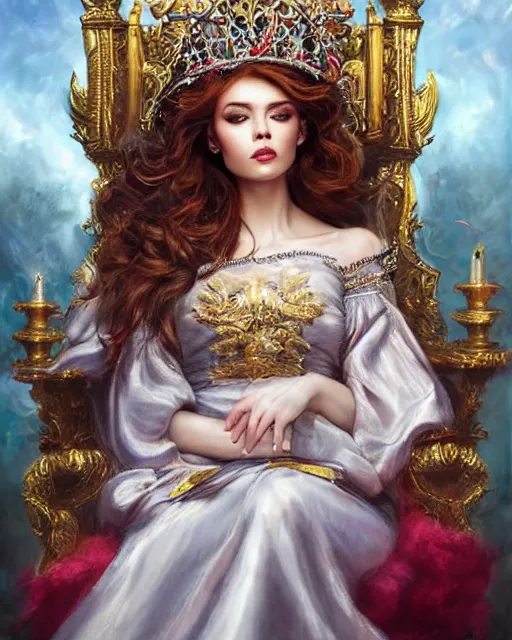 Prompt: a beautiful female queen sitting on a throne, 8 k, beautiful face and windy hair, hyperrealistic, hyperdetailed, fantasy portrait by laura sava