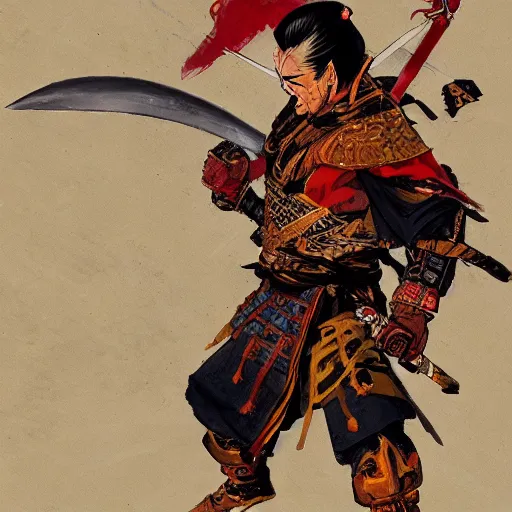 Image similar to samurai by frank frazetta, wielding a glowing magical katana, dynamic pose, eastern influences, fantasy, very detailed, dungeons & dragons, sharp focus, striking, artstation contest winner, detailed