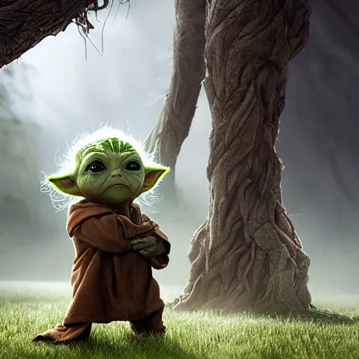 Image similar to babyyoda ( 2 0 2 1 ) walking next to groot ( 2 0 1 7 ). they are friends. photorealistic, digital art, epic fantasy, dramatic lighting, cinematic, extremely high detail, cinematic lighting, trending, artstation, cgsociety, 3 d ue 5, 4 k, hq