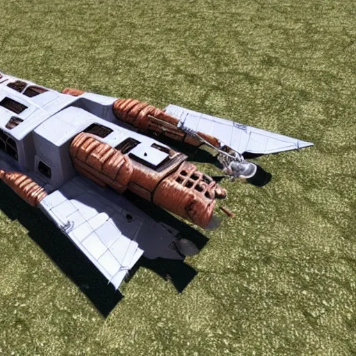 Image similar to a DIY spaceship capable of warp speed, realistic appearance with lots of details like nuts and bolts, rusty parts in the hull and engines that are powered on