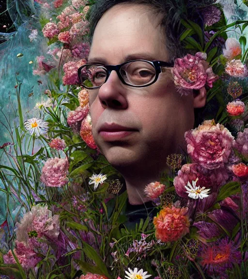 Image similar to portrait of the todd solondz of the underworld, surrounded by flowers by karol bak, james jean, tom bagshaw, rococo, trending on artstation, cinematic lighting, hyper realism, octane render, 8 k, hyper detailed.