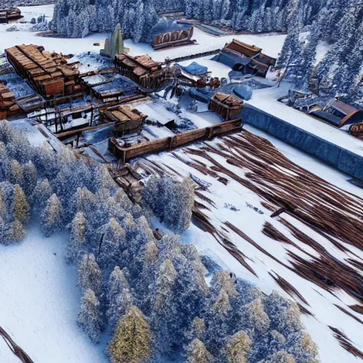 Image similar to top down drone footage of post pocaliptic frostpunk landscape, old lumber mill and few trees remains, crates with wood and supply, beautiful icy area