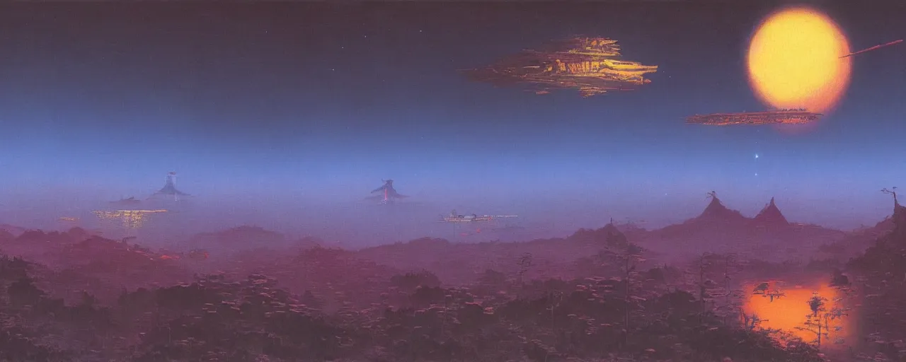 Prompt: awe inspiring bruce pennington landscape, digital art painting of 1 9 7 0 s, japan at night, 4 k, matte