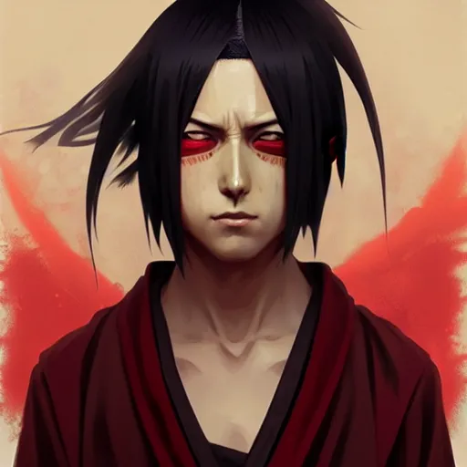 Image similar to itachi uchiha, highly detailed, digital painting, artstation, concept art, sharp focus, illustration, art by greg rutkowski and alphonse mucha