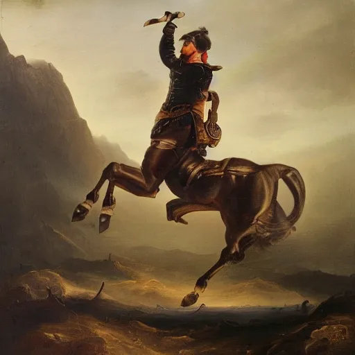 Image similar to large portrait oil on canvas of a man mounted on horseback black while raising a sword with his right hand pointed north, behind him in the vast distance 1 0 0 0 0 warriors can be seen fighting with swords and muskets, low light, cloudy, mountains in the foggy background,