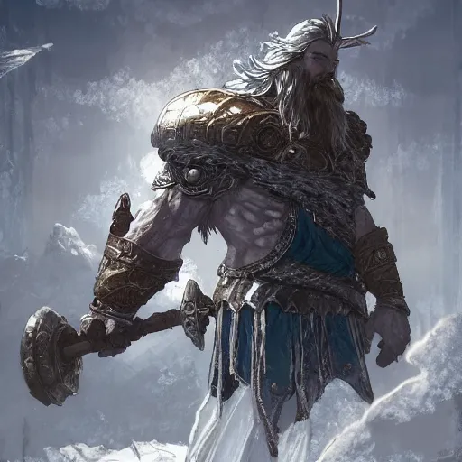 Image similar to Ancient god of Ice Jotnir, D&D, fantasy, intricate, cinematic lighting, highly detailed, digital painting, artstation, concept art, smooth, sharp focus, illustration, art by Akihiko Yoshida, Greg Rutkowski and Alphonse Mucha