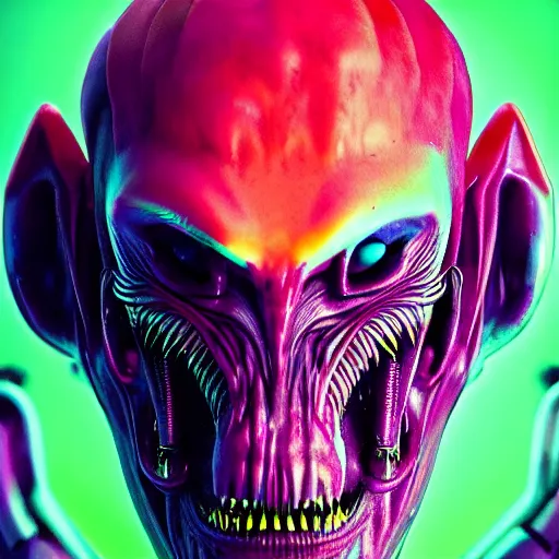 Image similar to synthwave demonic alien face with neon tattos, detailed face, sharp focus, synthwave art, aesthetic, octane render, raw, cinematic