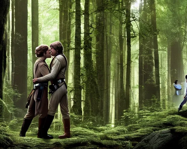 Image similar to luke skywalker, princess leia and han solo hugging and kissing in the forest of endor in a modern remake of return of the jedi