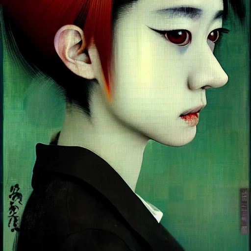 Image similar to yoshitaka amano blurred and dreamy realistic three quarter angle portrait of a young woman with short hair and black eyes wearing office suit with tie, junji ito abstract patterns in the background, satoshi kon anime, noisy film grain effect, highly detailed, renaissance oil painting, weird portrait angle, blurred lost edges