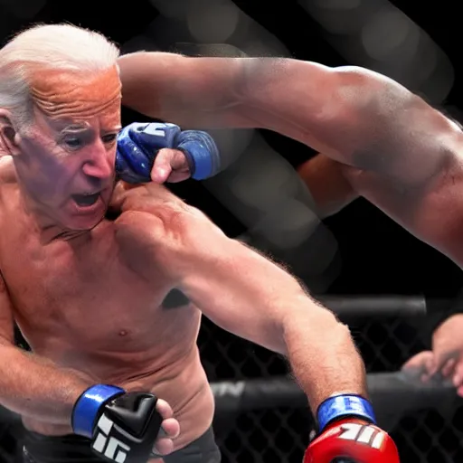 Image similar to joe biden getting knocked out in the ufc octagon, black eye on left side, detailed facial expressions, 1 9 8 0 s aesthetic