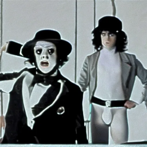 Prompt: A film still from A Clockwork Orange 1971 Stanley Kubrick movie with anime cosplayers as characters. Realism. 4k. 8mm. Grainy. Panavision, close ups