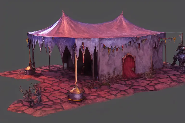 Image similar to 3d sculpt of a dark fantasy gothic circus tent, artstaton, League of Legends, red dead redemption2, overwatch, digital illustration