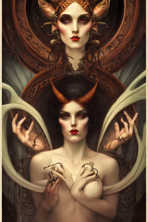 Prompt: Devil by Tom Bagshaw in the style of Gaston Bussière, art nouveau, art deco