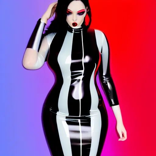 Prompt: a curvy pale hot young goth woman wearing an elegant modest tight shiny two-toned striped latex high-neck dress, cgsociety, photorealistic, sublime-cool-hyperadvanced-dark-amorous ambience, 16k, smooth, sharp focus, trending on ArtStation, volumetric lighting, fully clothed, thin waist