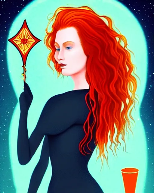 Prompt: tarot card of space astral girl, red hair, ginger hair, fantasy, glowing skin, smooth face, perfect eyes