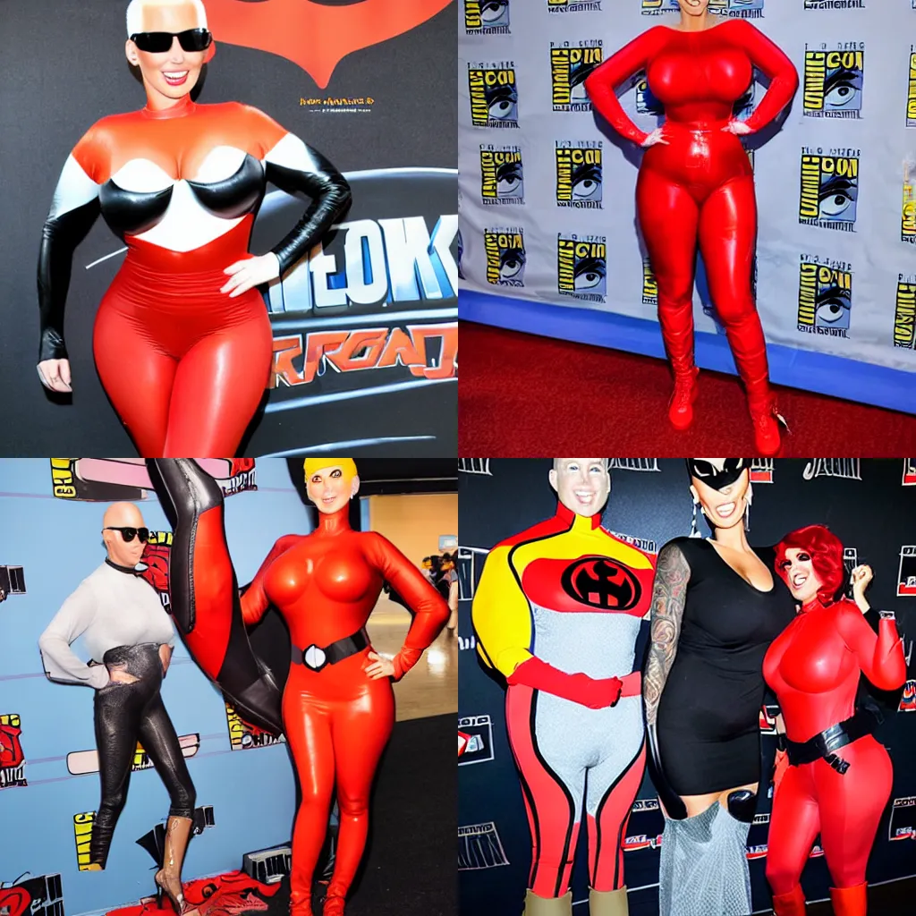 Prompt: Amber Rose cosplaying as Elastigirl while at Comic-Con, professional photo