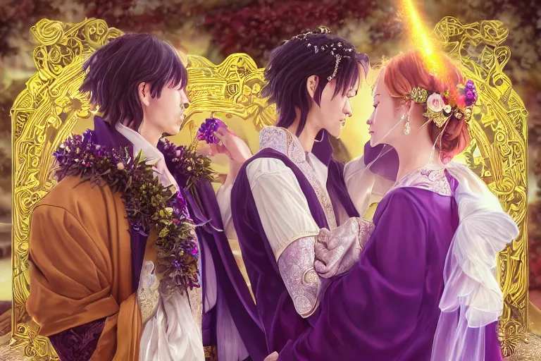 Image similar to a cinematic portrait of wedding photograph jpeg close up moment of a divine a japan sun god and moon goddess lovers magician at a wedding banquet. portraiture. digital painting. artstation. concept art. fantasy wedding photo. digital painting, 8 k realistic, hyper detailed, violet evergarden art masterpiece by art by krenz cushart