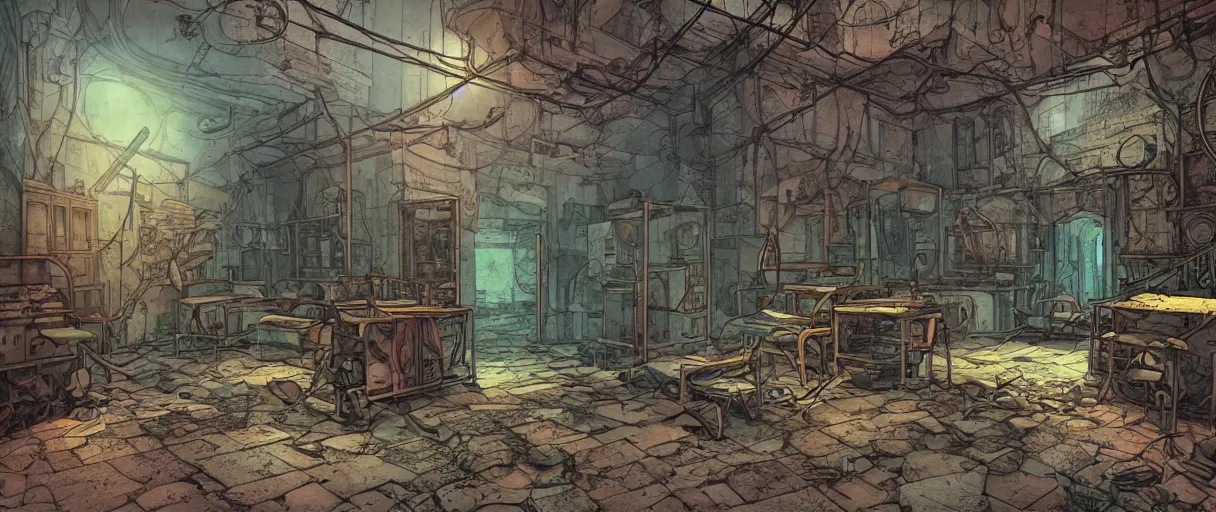 Prompt: abandoned laboroatory from early xx century faded out colors place mosquet painting digital illustration hdr stylized digital illustration video game icon global illumination ray tracing advanced technology that looks like it is from borderlands and by feng zhu and loish and laurie greasley, victo ngai, andreas rocha, john harris