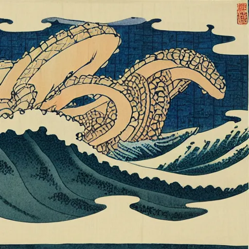 Image similar to hydra emerges from the stormy sea, ukiyo-e print