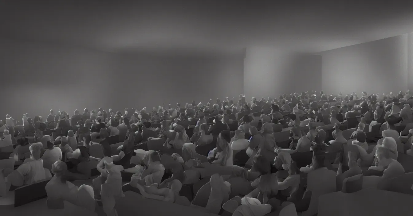 Prompt: rear view of the seated souls in the cinema watching volumetric light of consciousness projecting illusions of their lives on the big screen, trapped ego, realistic, deep sense of spirituality, visual plasticity, unreal engine quality, raytracing, vray shading, style of eddie mendoza