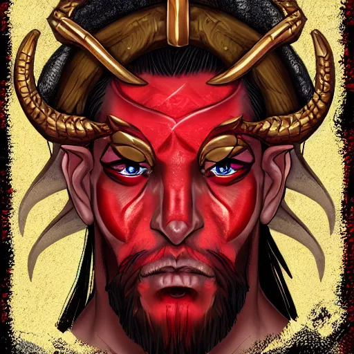 Image similar to dnd style portrait of a tiefling, male, red scales, red skin, a big black beard, completely golden eyes, 2 black ram horns growing out of his forehead,