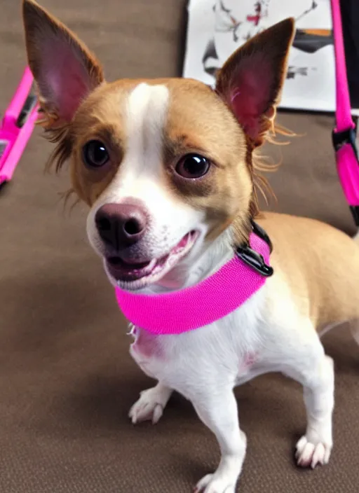 Image similar to fully grown tan pit bull, long - haired chihuahua, pomeranian mix, wearing a pink harness