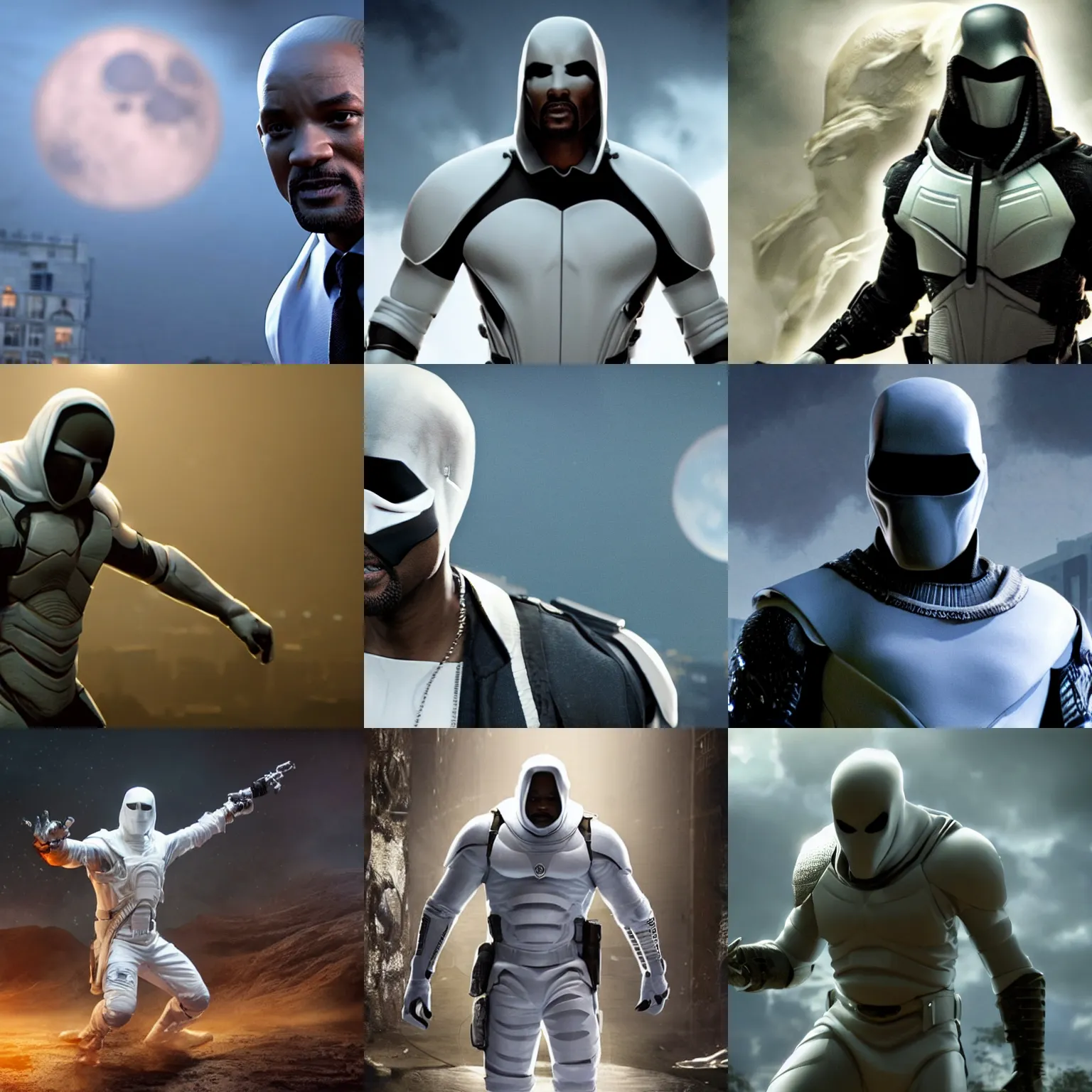 Prompt: A still of Will Smith as Moon Knight, award winning photo, unreal engine, highly detailed features