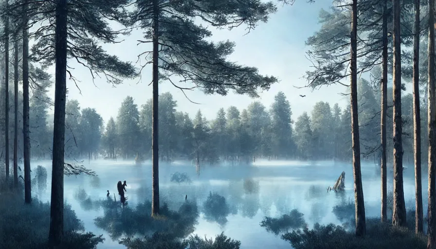 Image similar to portrait of a large lake surrounded by pine forest, highly detailed, sunny, blue sky, cinematic lighting, highly angle, godrays, volumetric, photorealistic, digital art painting by greg rutkowski