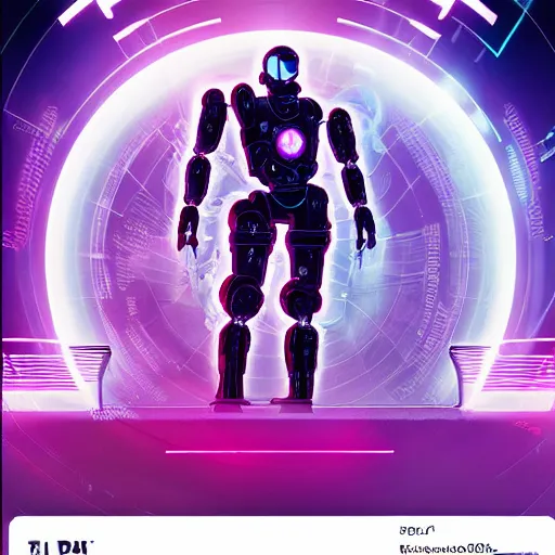 Image similar to hyperrealistic cyberpunk style poster with a robot, purple color theme, dramatic lighting