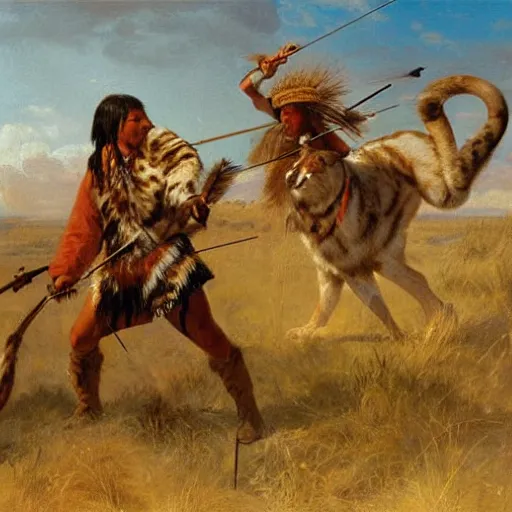 Prompt: native american man hunting sabertooth tiger on great plains with bow and arrow, painting by emanuel leutze and emanuel leutze and emanuel leutze and emanuel leutze and emanuel leutze