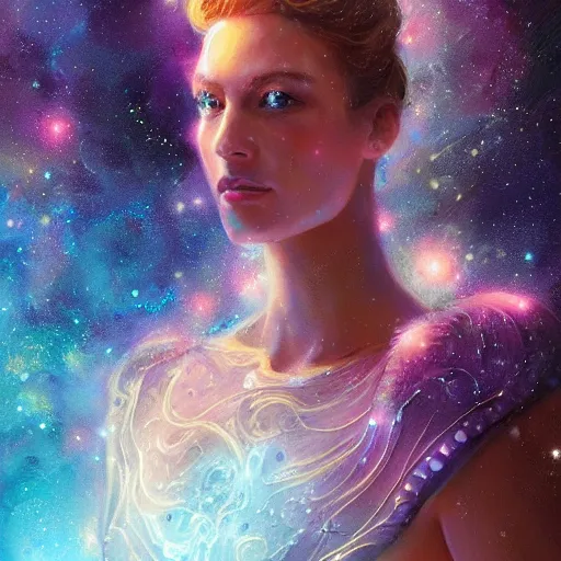 Image similar to Portrait of a cosmic goddess, suit made of stars, galaxy and nebulas, intricate, cinematic lighting, highly detailed, digital painting, artstation, concept art, smooth, sharp focus, illustration, art by Artgerm and Greg Rutkowski