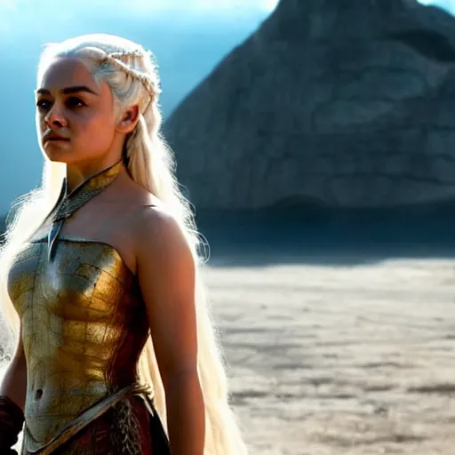 Prompt: mila kunis as daenerys targaryen, golden hour, cinematic