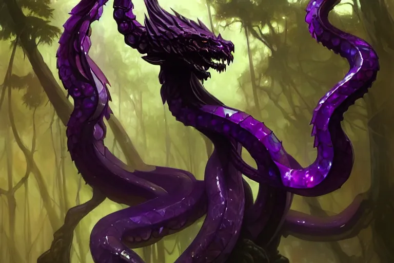 Image similar to concept art of a crystal hydra, d & d creature, by greg rutkowski and alphonse mucha, gradient black to purple, monoliths in a dark forest background, highly detailed, digital painting, artstation, concept art, smooth, sharp focus illustration, artstation hq