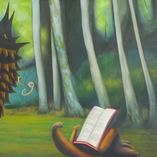 Image similar to monster reading a book in a forest, where the wild things are, bicycle nearby, oil on canvas, calm