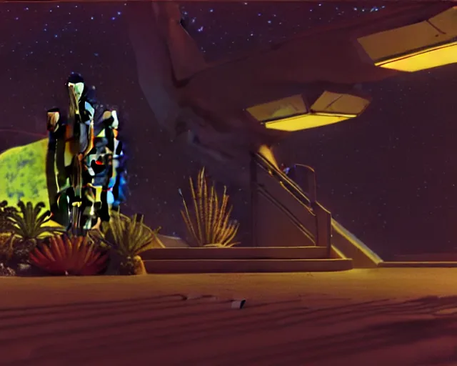 Prompt: low angle interior shot of a space port at night, pulp art, Art Deco, cactus and aquatic Al plants, cinematography by Jim Jarmusch, set design by Joseph Leyendecker and Robert McGinnis and Alfred Henry Maurer, 3d octane blender render, Hippie and boho fashion 1970s, kraut rock soundtrack