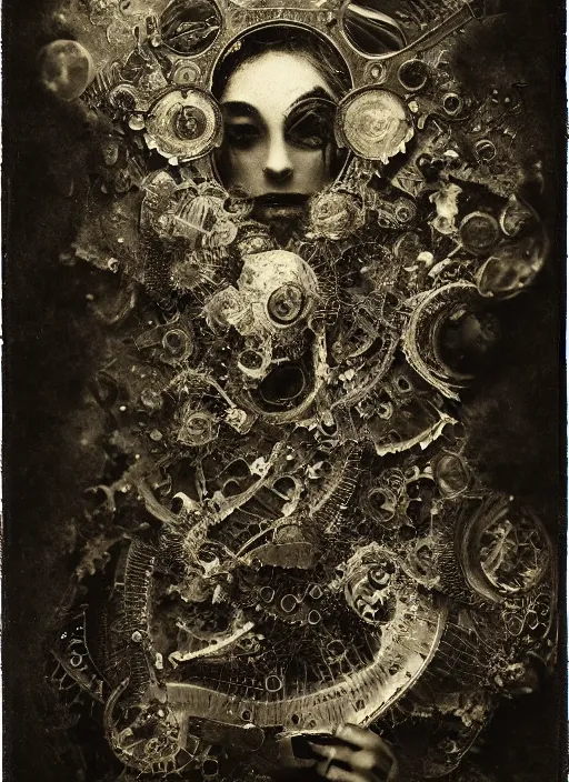 Image similar to old wetplate daguerreotype beautiful demon, explosion of data fragments, fractal, intricate, elegant, highly detailed, parallax, leica, medium format, subsurface scattering, by jheronimus bosch and greg rutkowski and louis jacques mande daguerre