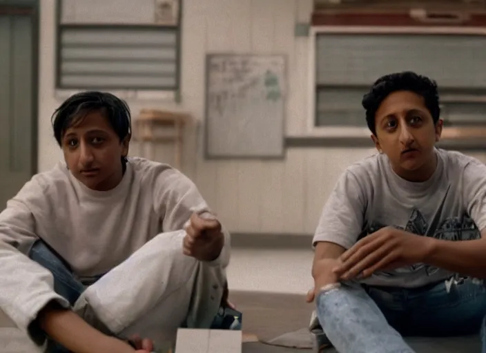 Prompt: First Official image from Cardboard, new drama film directed by Spike Jonze starring Tony Revolori as a Philadelphia b-boy in 1990, shot on Kodak Vision 200T, stunning cinematography, light diffusion, film grain, 8k print.