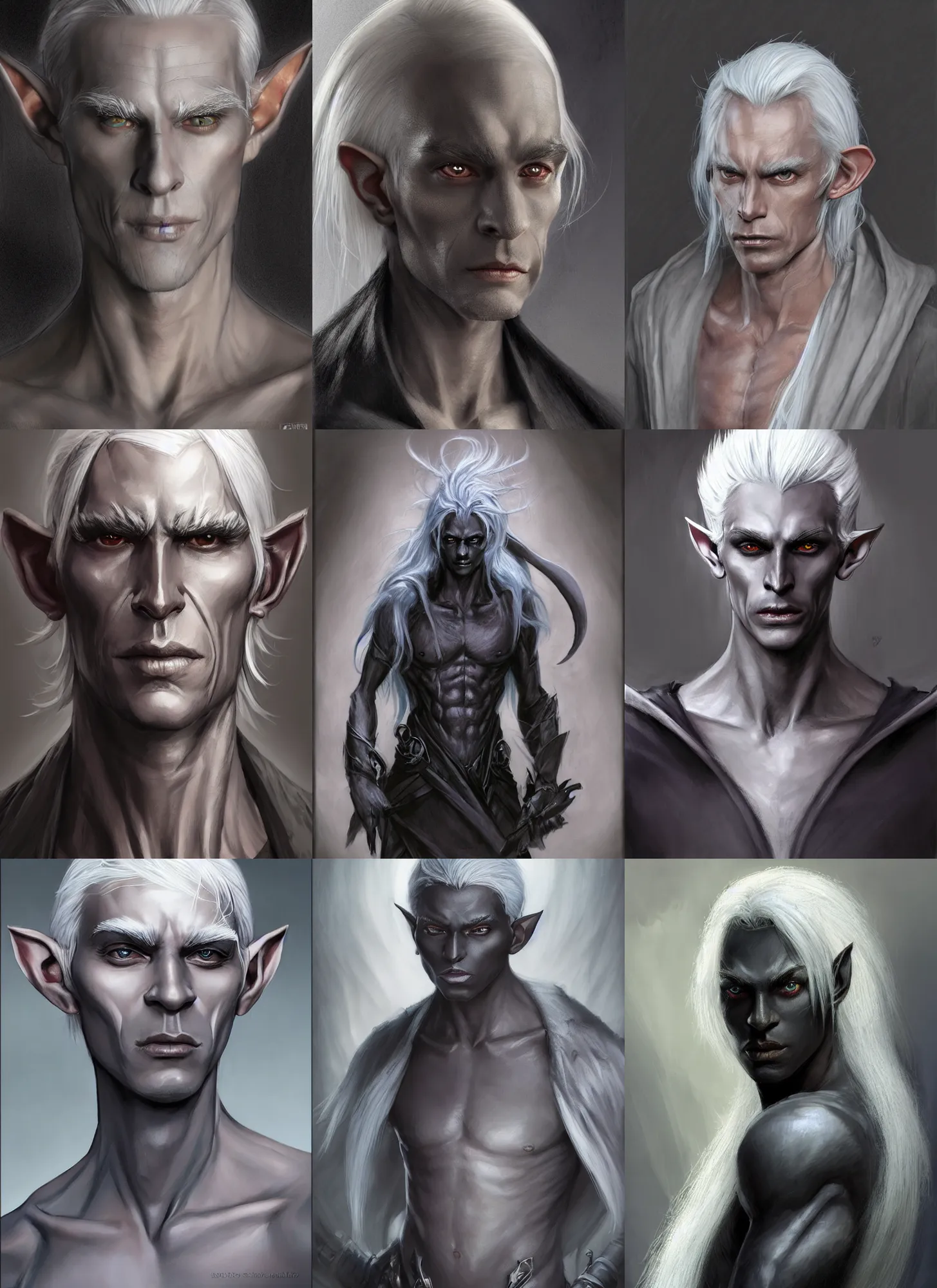 Prompt: a portrait of a dark drow elf male, long length slick white hair, charcoal skin, plain expression, handsome, smooth skin, young adult in with late twenties, raised eyebrows, pointed chin, charcoal color skin, style by donato giancola, wayne reynolds, jeff easley dramatic light, high detail, cinematic lighting, artstation, dungeons and dragons