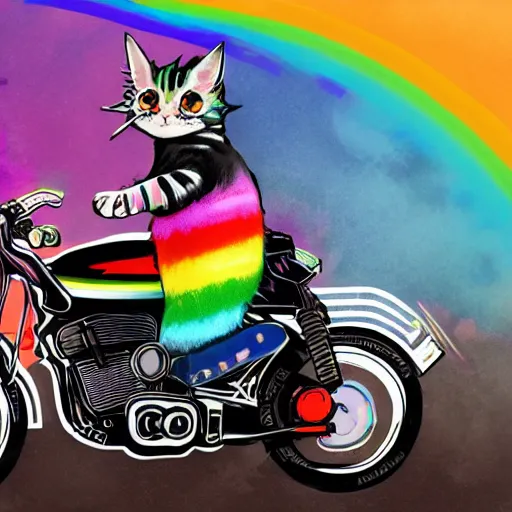 Image similar to wide angle full body, jacket wearing fluffy cute rainbow kitten wearing a black leather motorcycle jacket, riding on a motorcycle, cinematic concept art