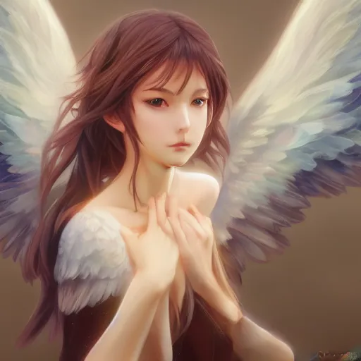 Image similar to an oil painting of a beautiful anime girl with angel wings, by artgerm, wlop and greg rutkowski, hd, hdr, ue 5, ue 6, unreal engine 5, cinematic 4 k wallpaper, 8 k, ultra detailed, high resolution, artstation, award winning