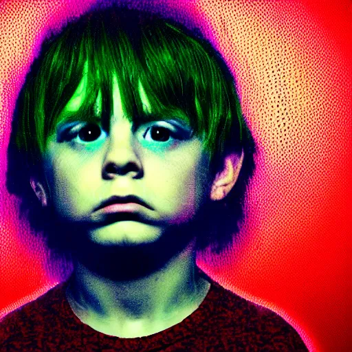 Image similar to portrait of sad kid. long shot. glitchcore, RGB shift