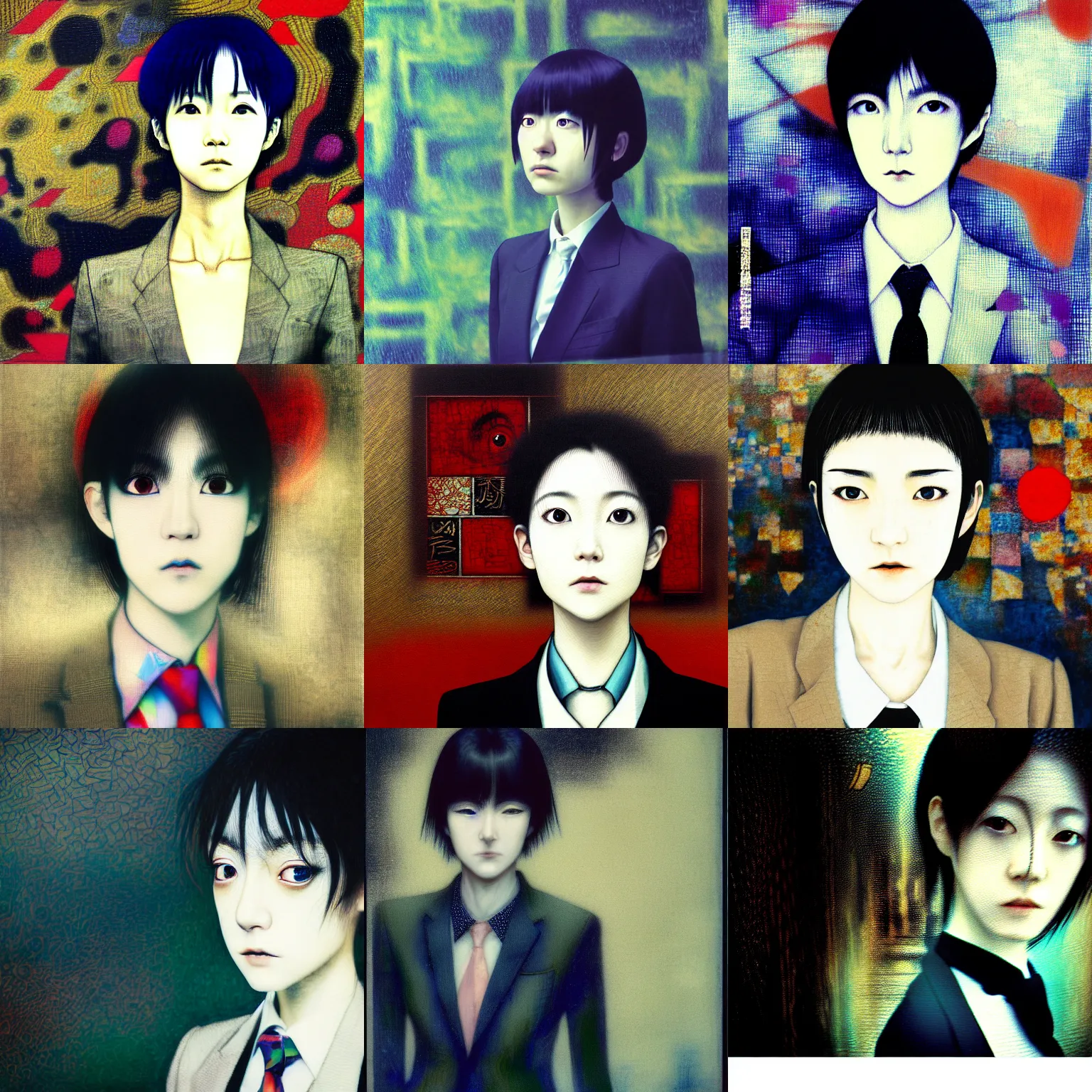 Image similar to yoshitaka amano blurred and dreamy realistic three quarter angle portrait of a young woman with short hair and black eyes wearing office suit with tie, junji ito abstract patterns in the background, satoshi kon anime, noisy film grain effect, highly detailed, renaissance oil painting, weird portrait angle, blurred lost edges