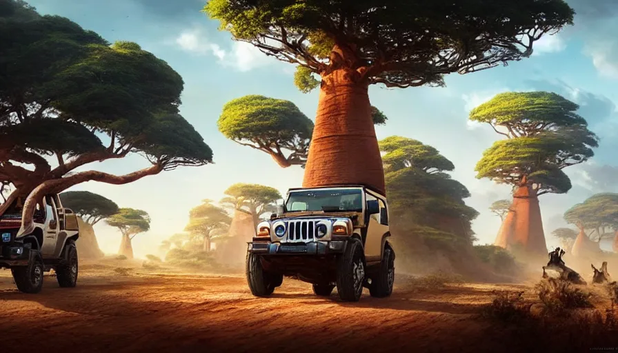 Image similar to mahindra thar driving through madagascar road with baobabs trees, animals running along, action scene, an epic fantasy, wide shot, artgerm, trending on artstation, masterpiece, by greg rutkowski, by ross tran, by fenghua zhong, octane, soft render, ultrarealistic, colorful, cinematic, horizon zero dawn